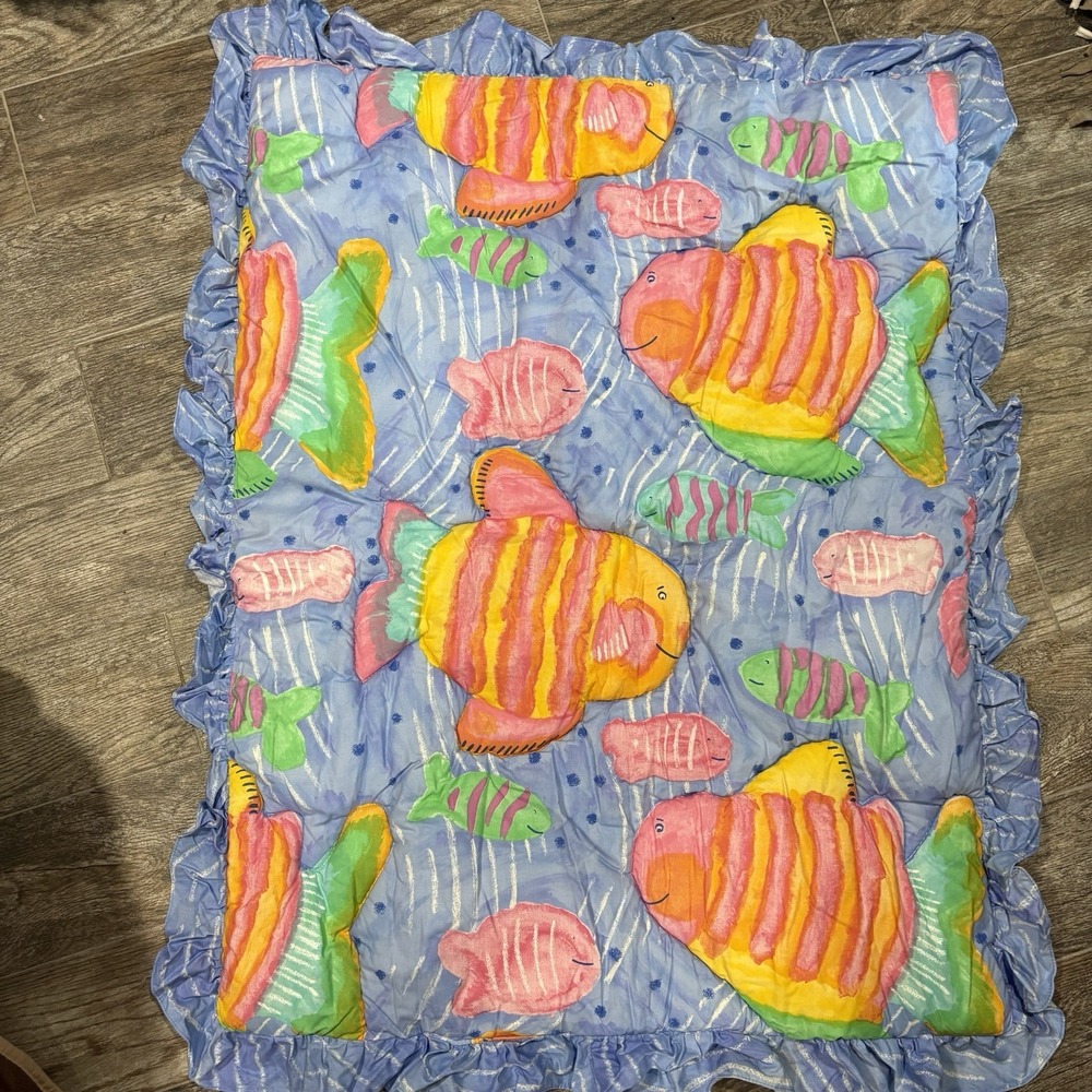 Vtg Colorful Fish Baby Quilt Crib Blanket Comforter Y2K Ruffle Hem 43x 34"